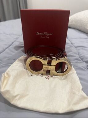 Salvatore Ferragamo Red Leather Belt with Gold Double Gancini Buckle